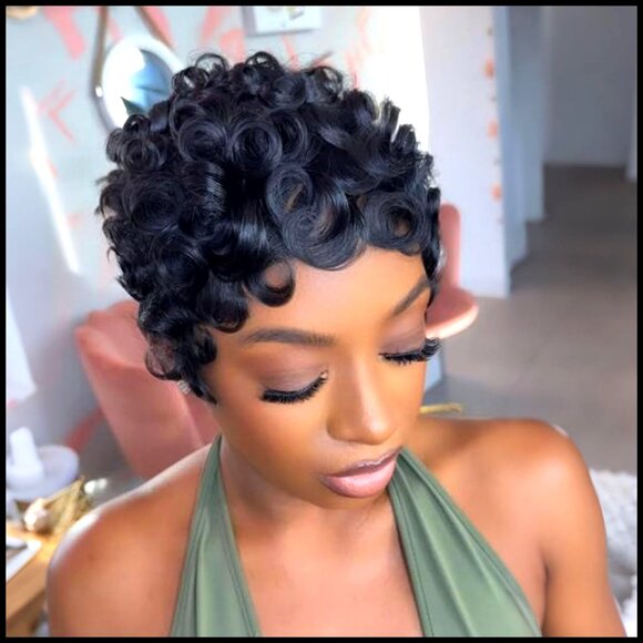 Human Hair Pixie Cut Wig Glueless Adjustable Layered Curly Wavy Style main image 6